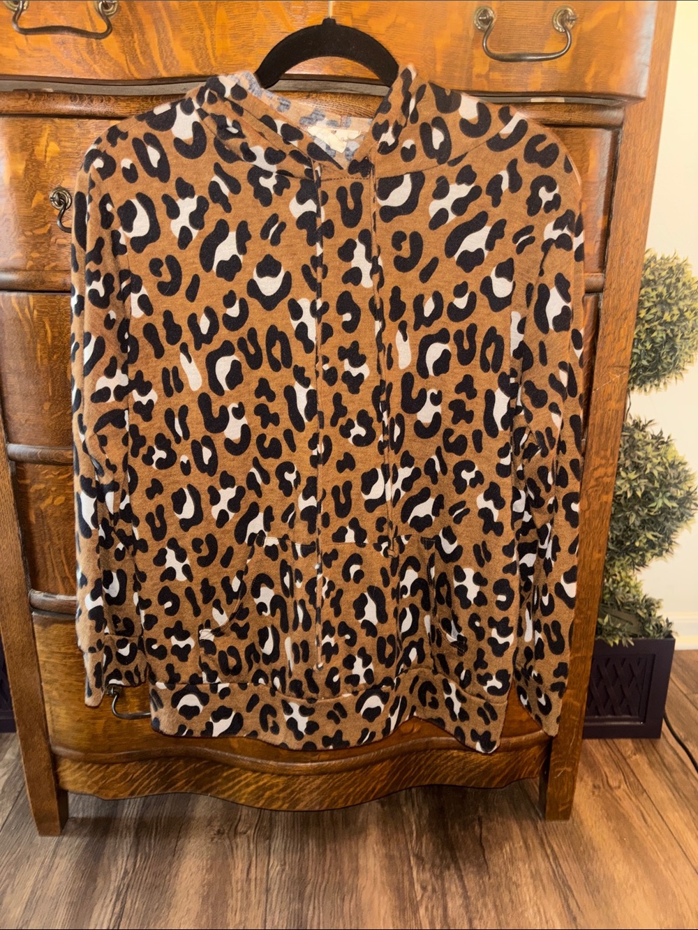 Leopard Print Hooded Zip-Up Sweatshirt - Brown